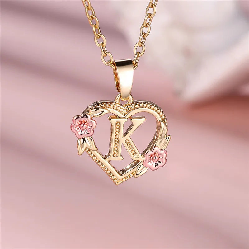 Female A-Z Letter Flower Pendant Necklace Yellow Gold Color Necklaces