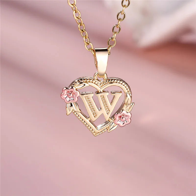 Female A-Z Letter Flower Pendant Necklace Yellow Gold Color Necklaces
