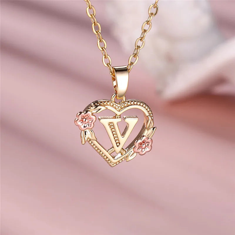 Female A-Z Letter Flower Pendant Necklace Yellow Gold Color Necklaces