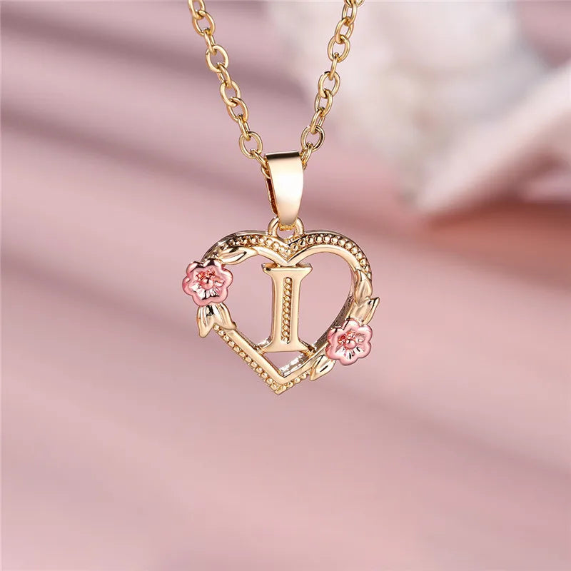 Female A-Z Letter Flower Pendant Necklace Yellow Gold Color Necklaces