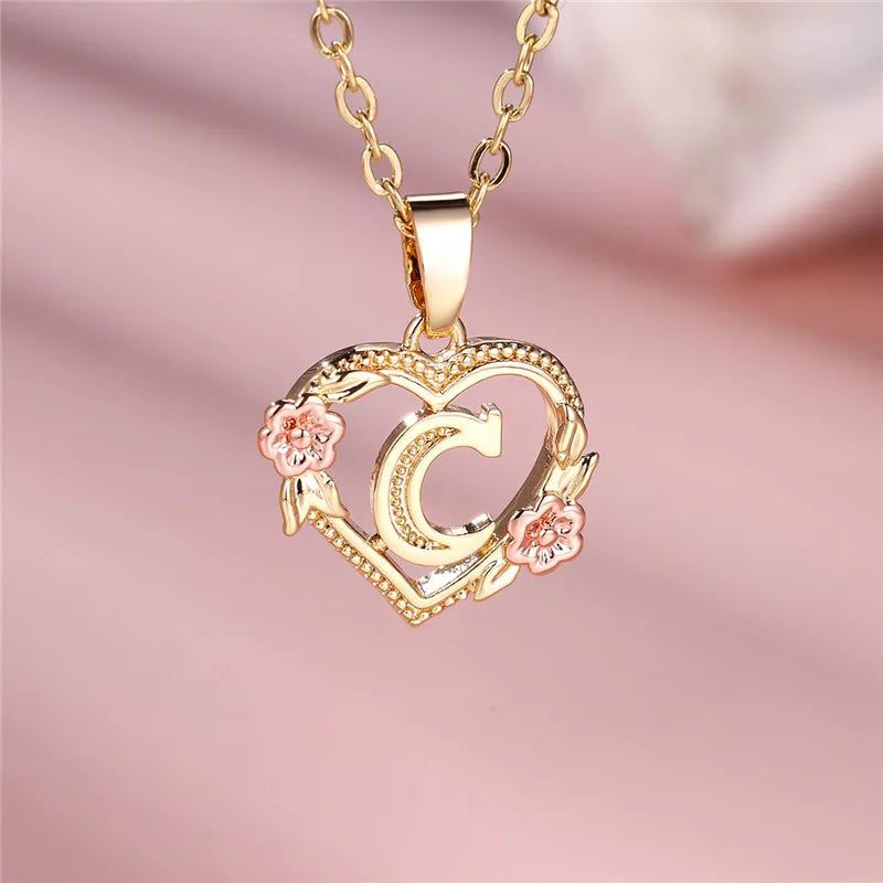 Female A-Z Letter Flower Pendant Necklace Yellow Gold Color Necklaces