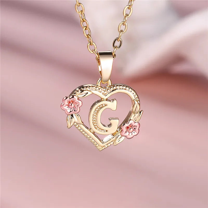 Female A-Z Letter Flower Pendant Necklace Yellow Gold Color Necklaces