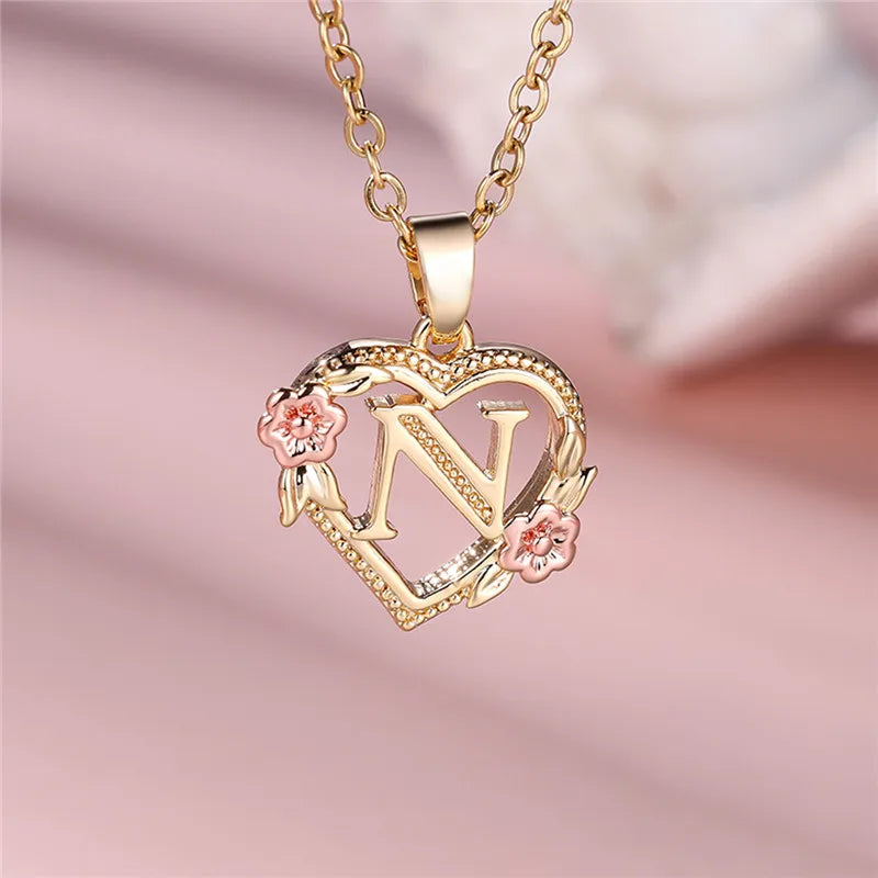 Female A-Z Letter Flower Pendant Necklace Yellow Gold Color Necklaces