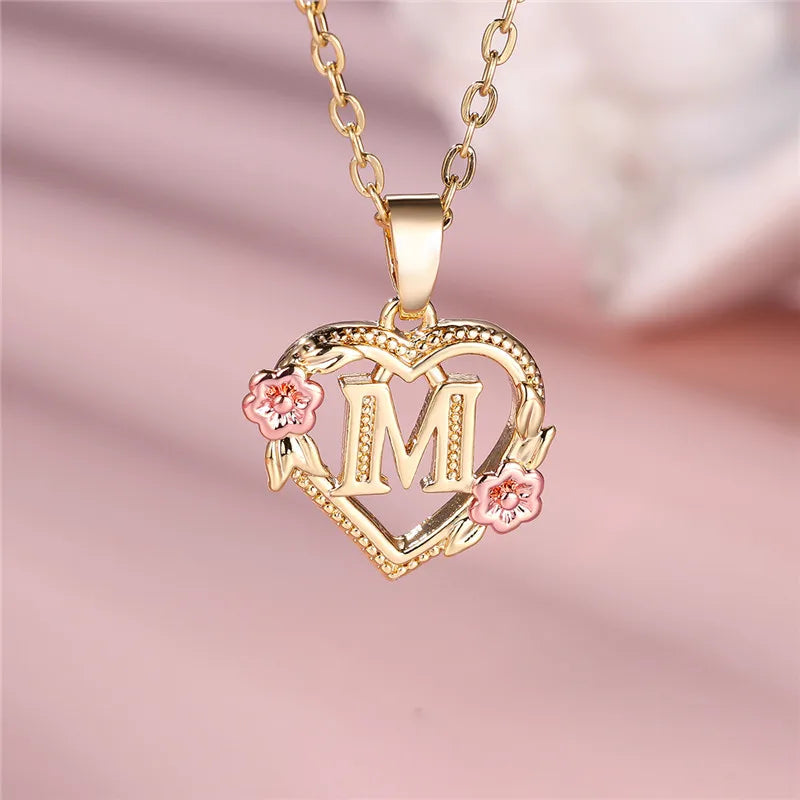 Female A-Z Letter Flower Pendant Necklace Yellow Gold Color Necklaces