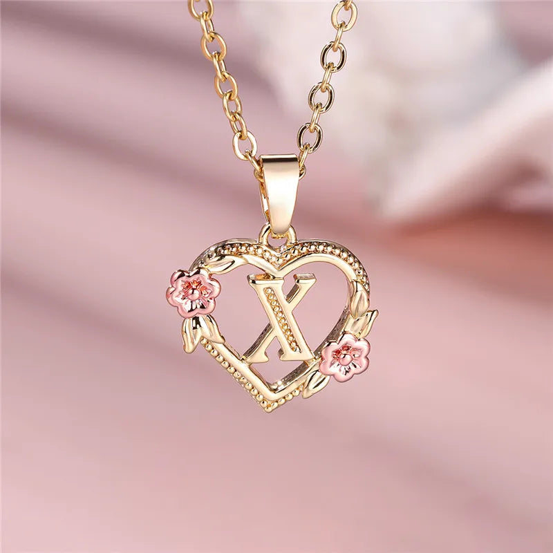Female A-Z Letter Flower Pendant Necklace Yellow Gold Color Necklaces