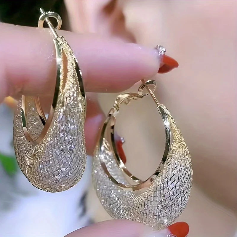 Exaggerate Shiny Mesh Design Hoop Earrings