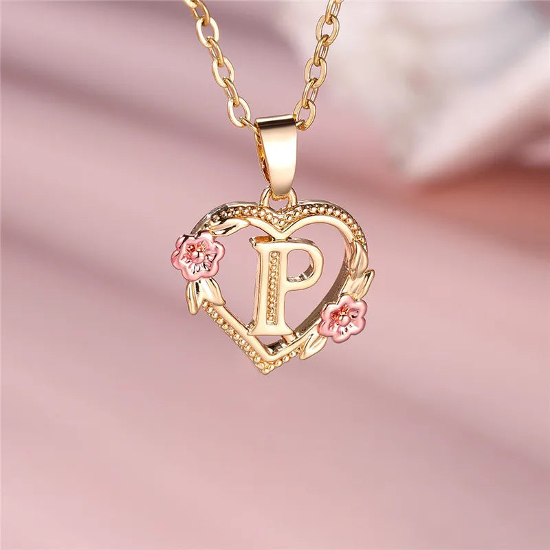 Female A-Z Letter Flower Pendant Necklace Yellow Gold Color Necklaces