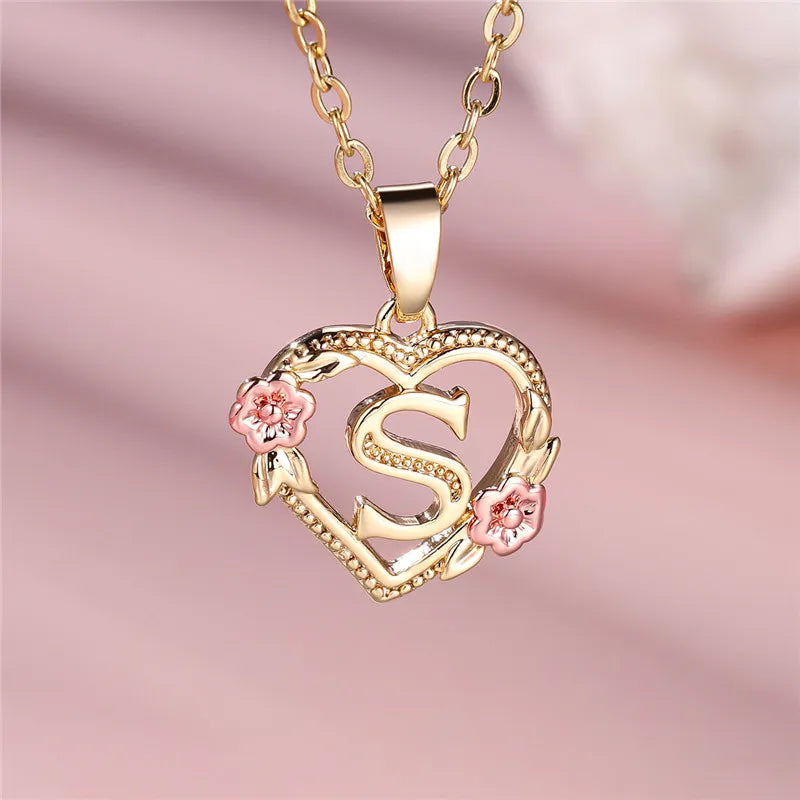 Female A-Z Letter Flower Pendant Necklace Yellow Gold Color Necklaces