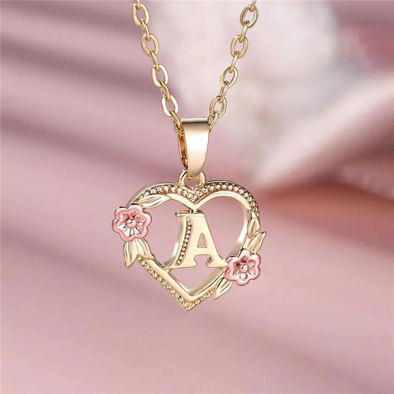 Female A-Z Letter Flower Pendant Necklace Yellow Gold Color Necklaces