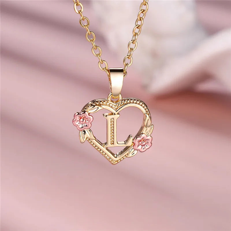 Female A-Z Letter Flower Pendant Necklace Yellow Gold Color Necklaces