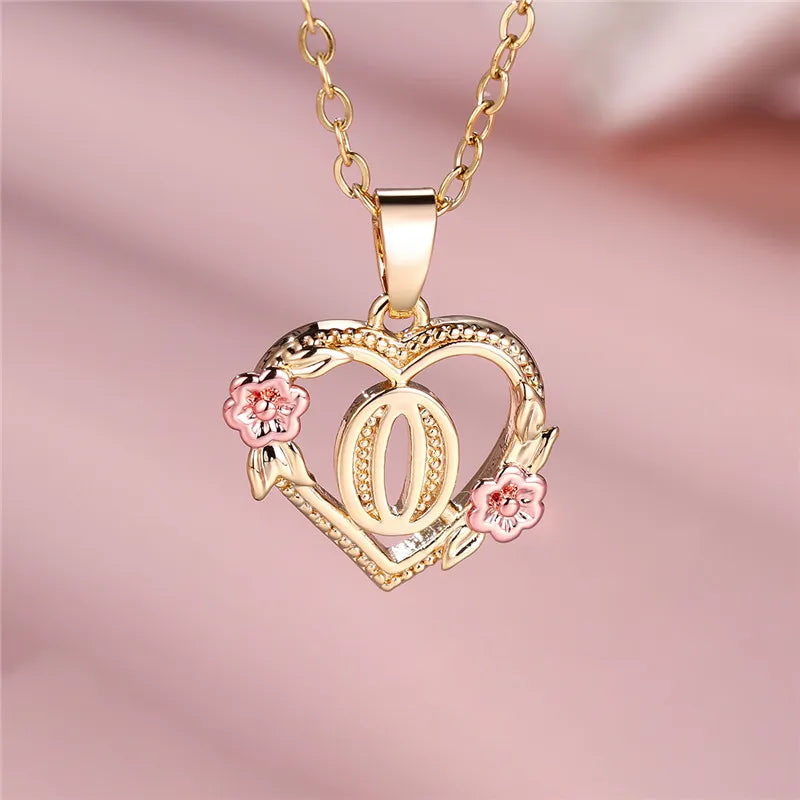 Female A-Z Letter Flower Pendant Necklace Yellow Gold Color Necklaces