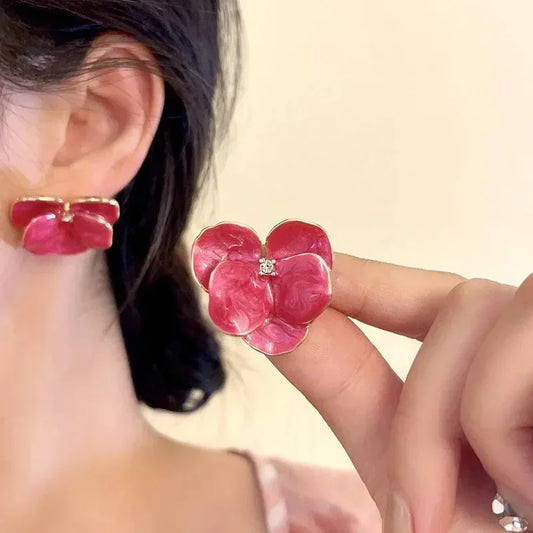 LATS Red Blue Enamel Flower Stud Earrings