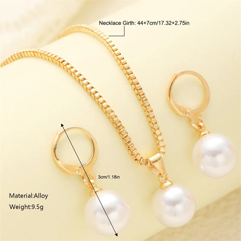 3 Pcs Round Pearl Jewelry Set Of Earring Pendant Necklace