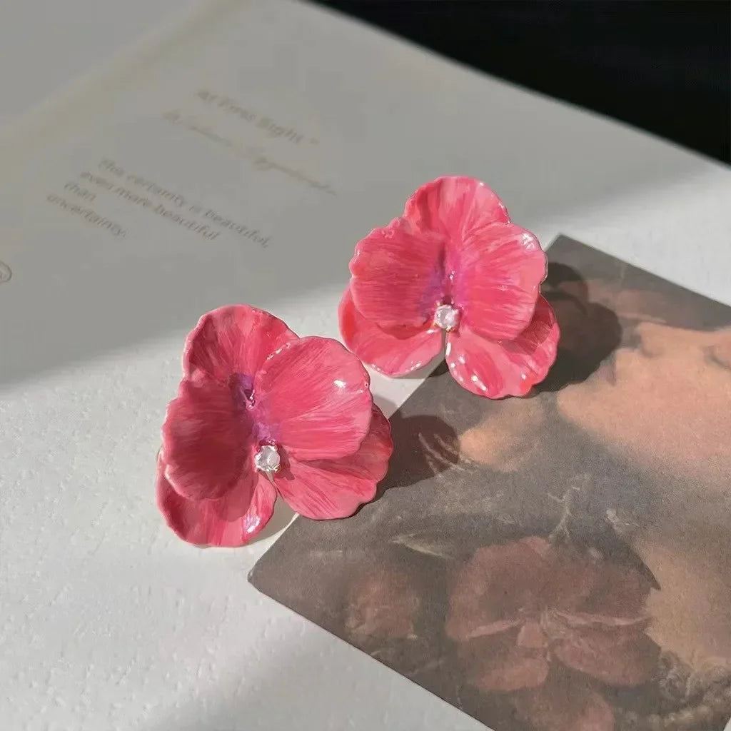 LATS Red Blue Enamel Flower Stud Earrings