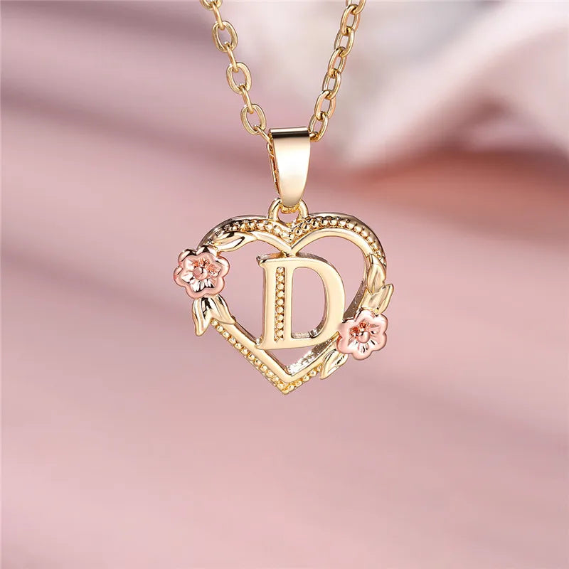 Female A-Z Letter Flower Pendant Necklace Yellow Gold Color Necklaces