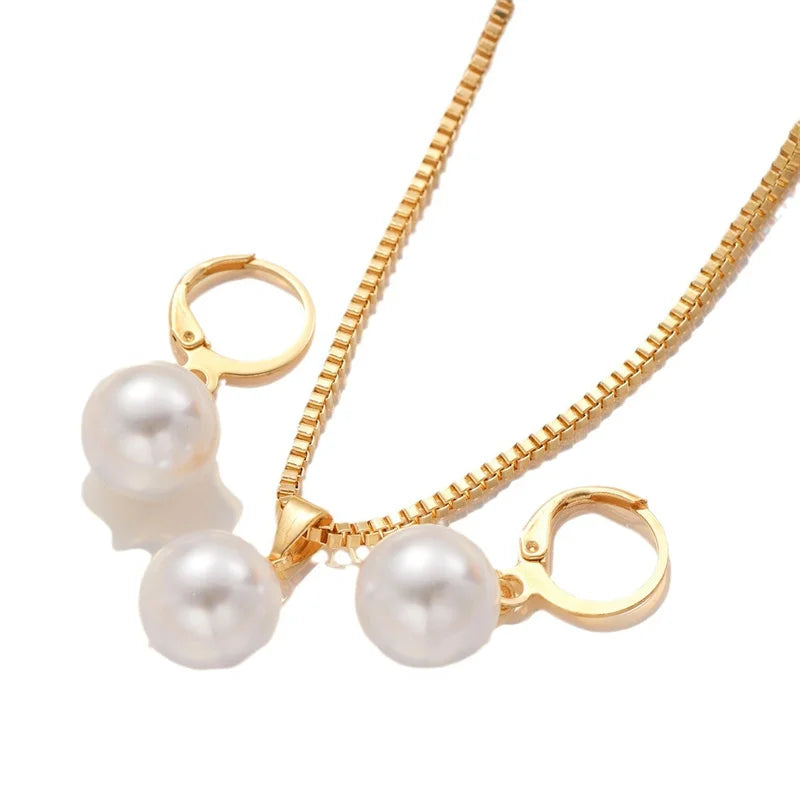 3 Pcs Round Pearl Jewelry Set Of Earring Pendant Necklace