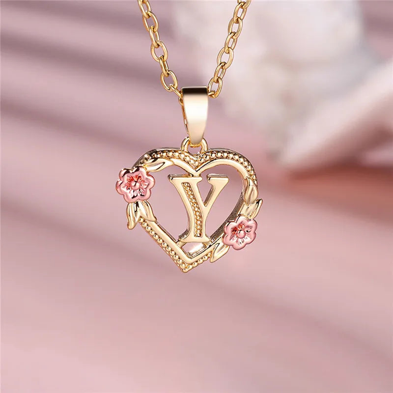 Female A-Z Letter Flower Pendant Necklace Yellow Gold Color Necklaces