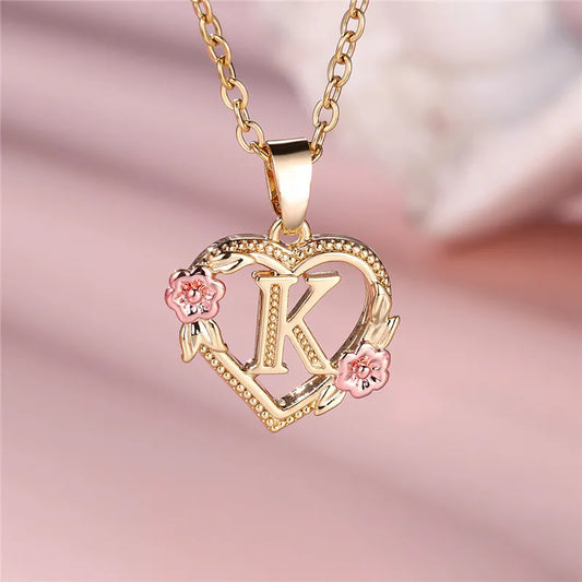 Female A-Z Letter Flower Pendant Necklace Yellow Gold Color Necklaces