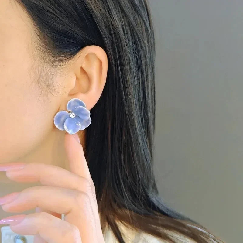 LATS Red Blue Enamel Flower Stud Earrings