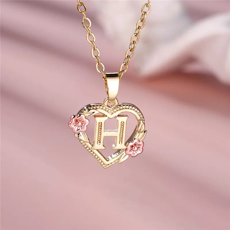 Female A-Z Letter Flower Pendant Necklace Yellow Gold Color Necklaces