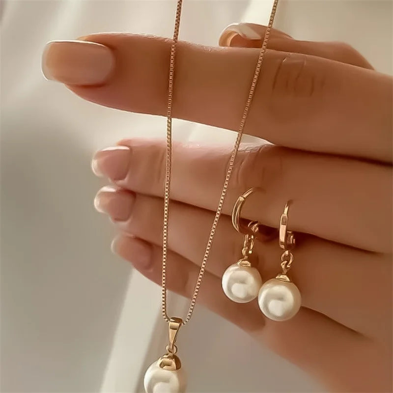 3 Pcs Round Pearl Jewelry Set Of Earring Pendant Necklace