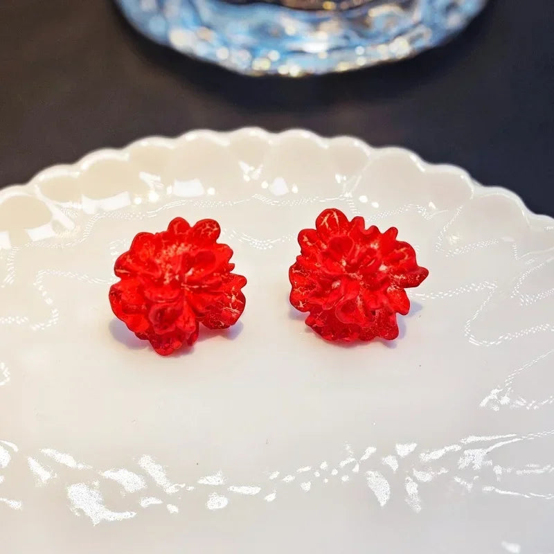 LATS Red Blue Enamel Flower Stud Earrings