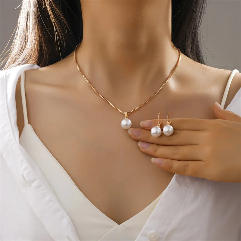 3 Pcs Round Pearl Jewelry Set Of Earring Pendant Necklace