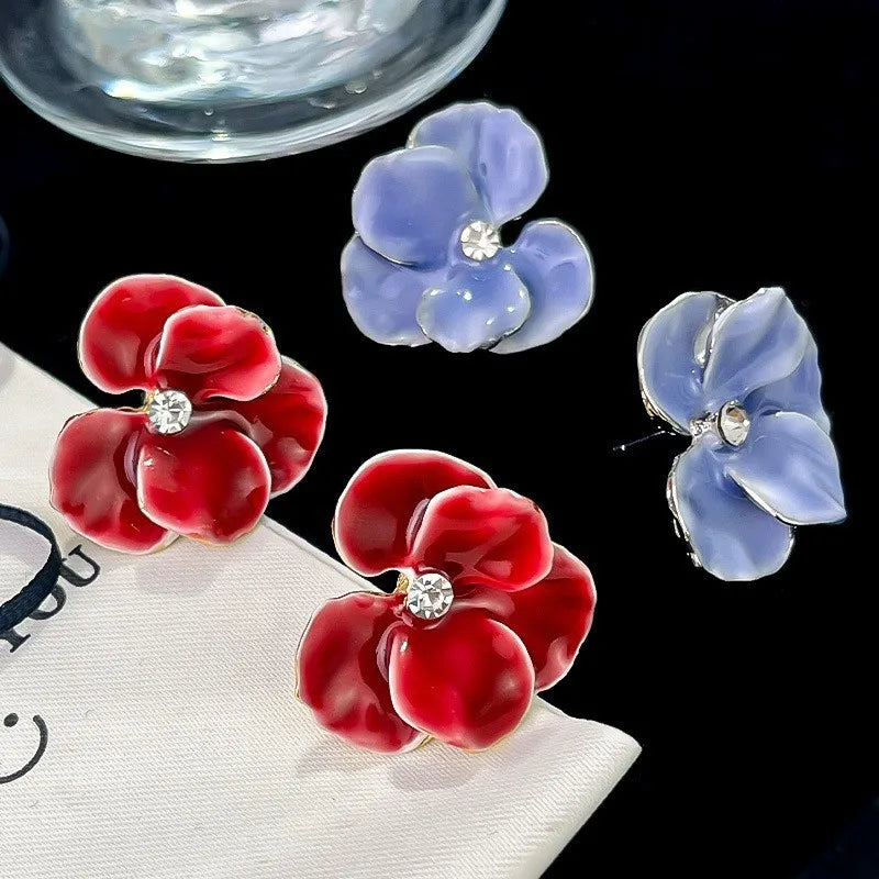 LATS Red Blue Enamel Flower Stud Earrings