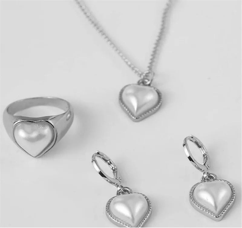3 Pcs Round Pearl Jewelry Set Of Earring Pendant Necklace