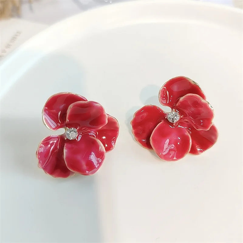 LATS Red Blue Enamel Flower Stud Earrings