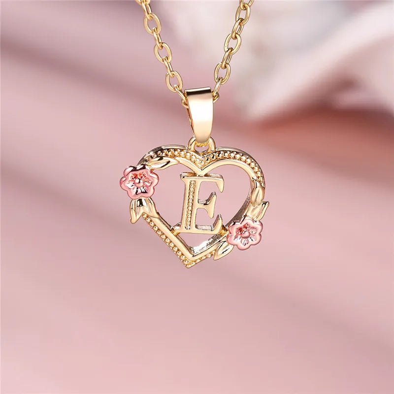 Female A-Z Letter Flower Pendant Necklace Yellow Gold Color Necklaces