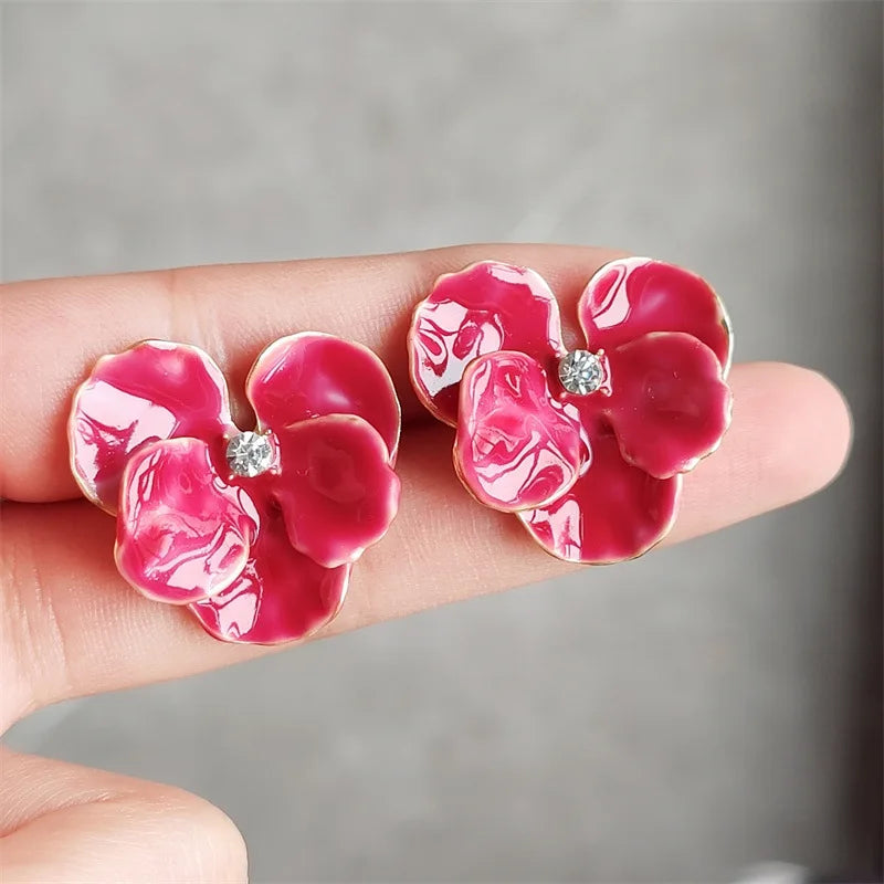 LATS Red Blue Enamel Flower Stud Earrings