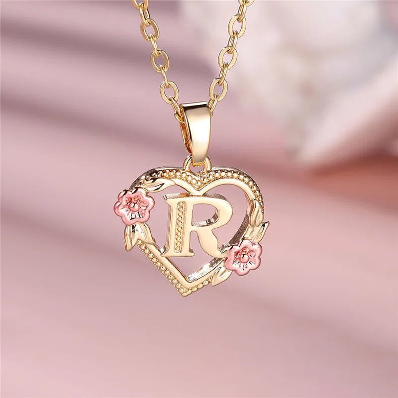 Female A-Z Letter Flower Pendant Necklace Yellow Gold Color Necklaces