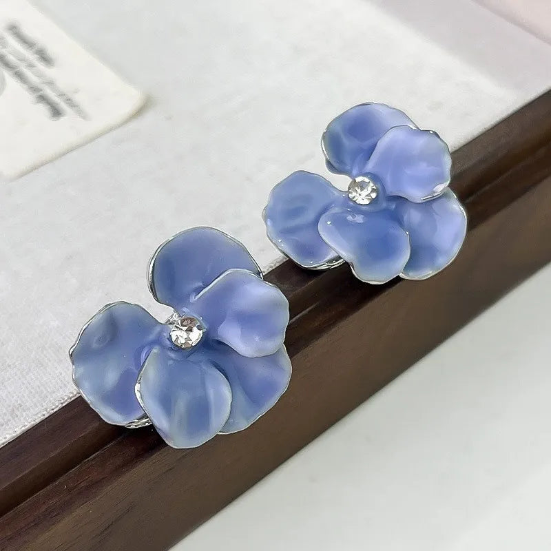 LATS Red Blue Enamel Flower Stud Earrings