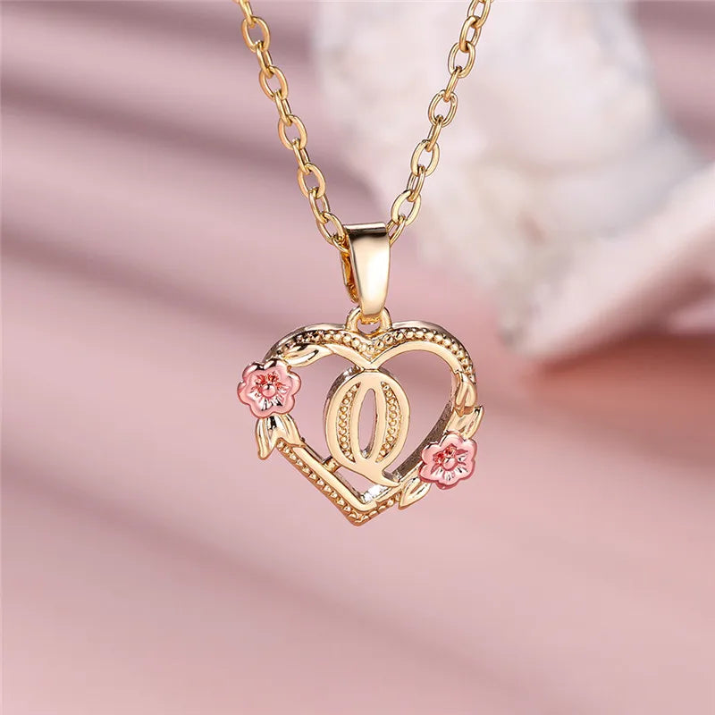 Female A-Z Letter Flower Pendant Necklace Yellow Gold Color Necklaces