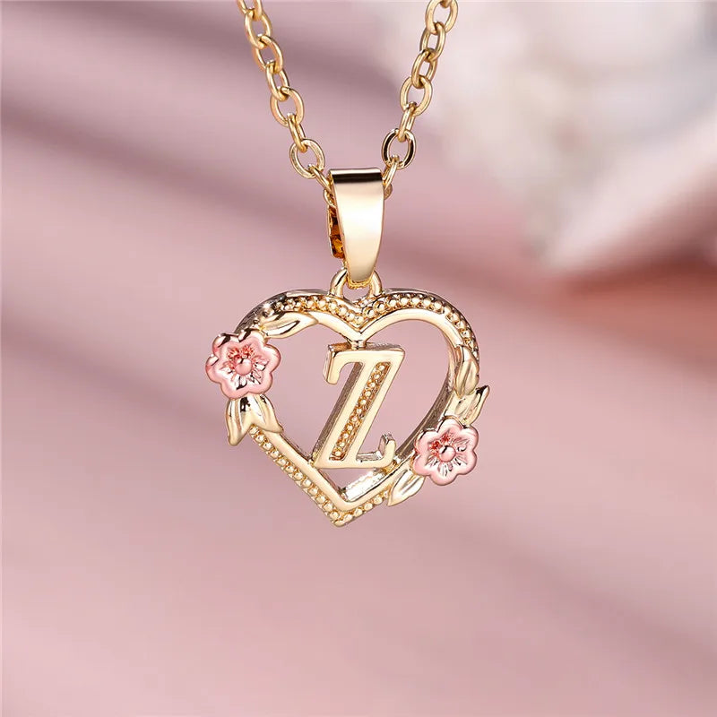 Female A-Z Letter Flower Pendant Necklace Yellow Gold Color Necklaces