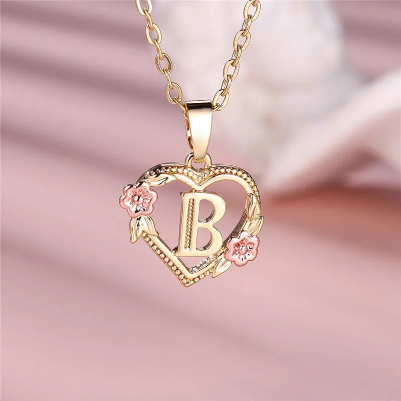 Female A-Z Letter Flower Pendant Necklace Yellow Gold Color Necklaces