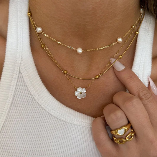 Shell Flower Pendant Necklace For Women Vintage Gold Color Heart Clavicle Chain  Necklace