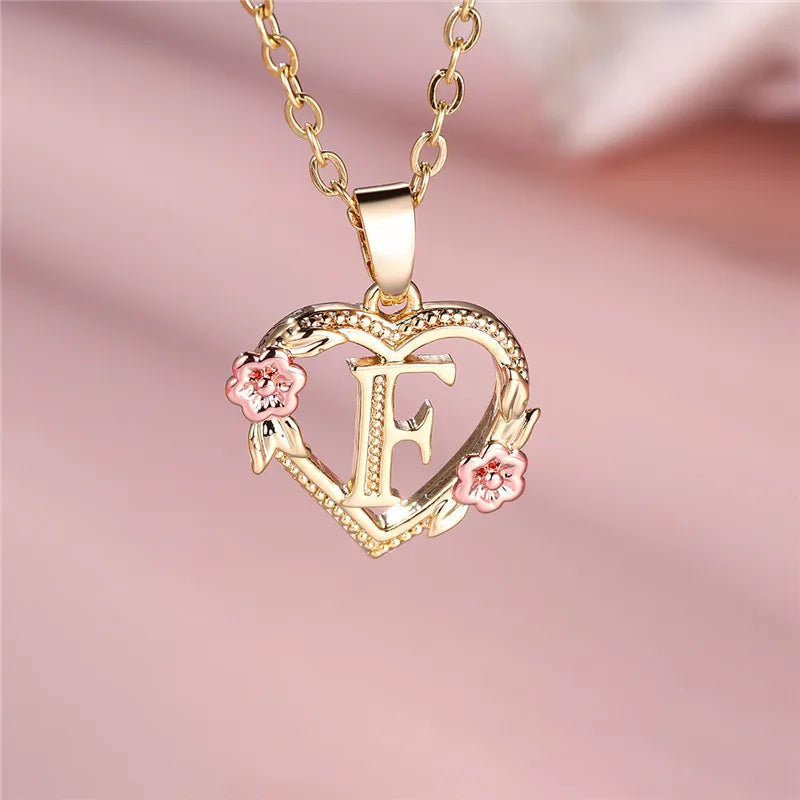 Female A-Z Letter Flower Pendant Necklace Yellow Gold Color Necklaces