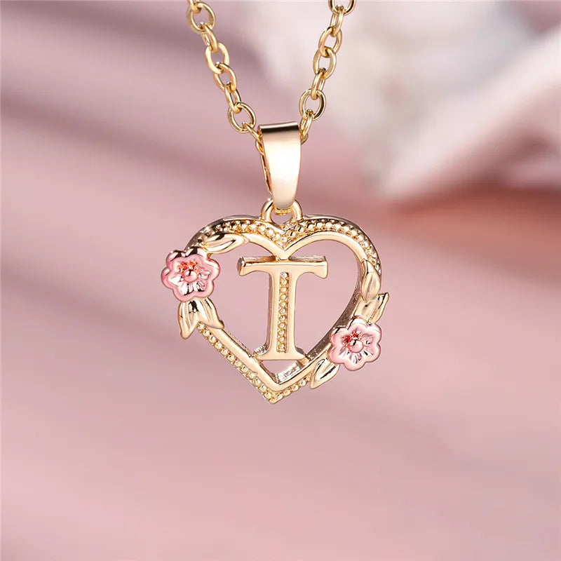 Female A-Z Letter Flower Pendant Necklace Yellow Gold Color Necklaces