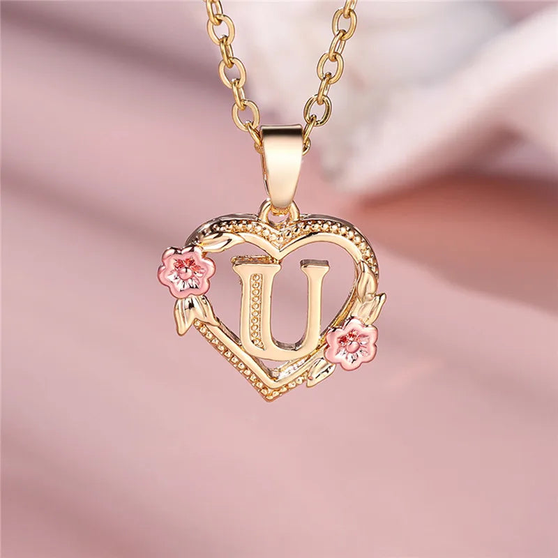 Female A-Z Letter Flower Pendant Necklace Yellow Gold Color Necklaces
