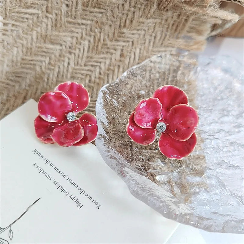 LATS Red Blue Enamel Flower Stud Earrings